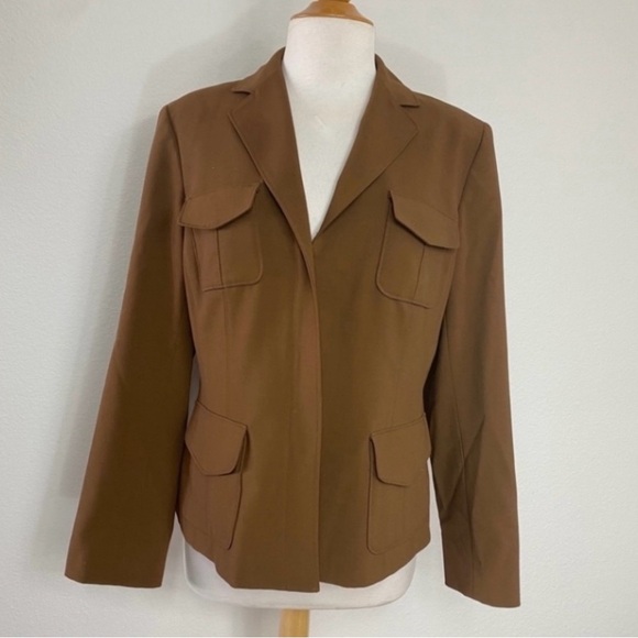 Vintage Jones New York Stretch Camel Brown Zip Front Classic Blazer Size Medium - Picture 1 of 15